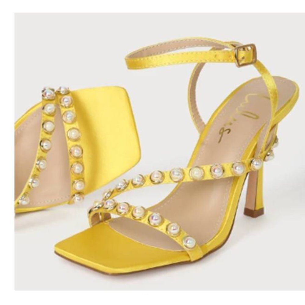 Lulus Women's Satin Pearl Strappy Heeled Sandals Party Marigold Shoes Size 8.5 - Picture 2 of 7